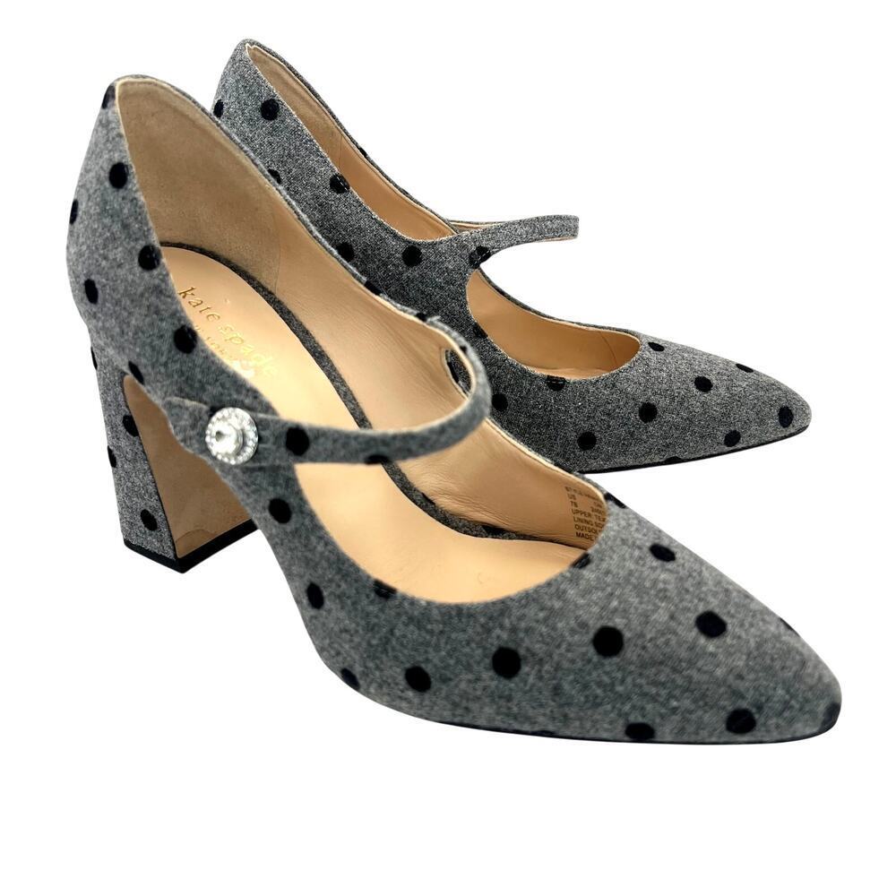 Kate Spade Maren Pumps Heels Gray Black Polka Dot Almond Toe Mary Jane 7